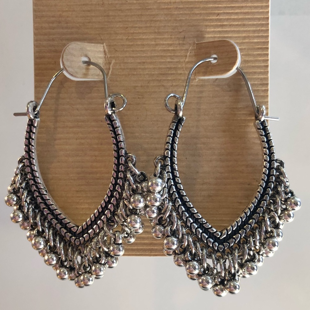 Boho Style Dangle Hoop Silver Tone Earrings
